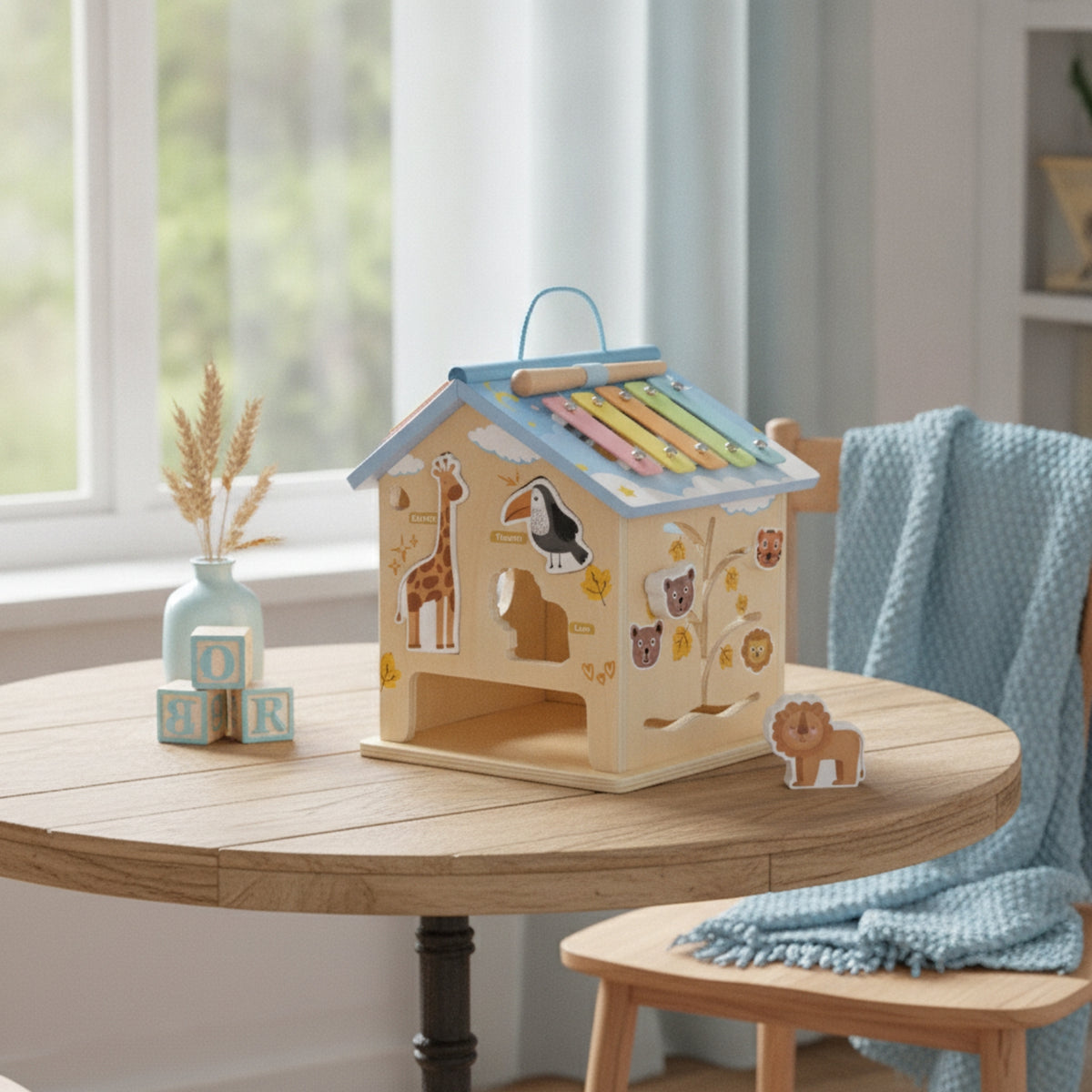 Wooden Toy House with Xylophone Multifunctional Busy House Portable Educational for Toddlers, Babies, Playroom, Nursery