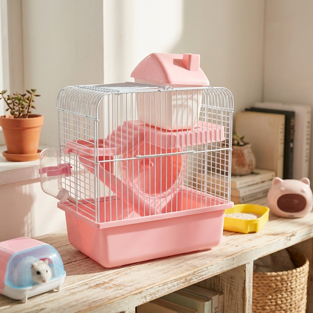 Syrian Hamster Cage and Golden Habitat, 2-Tier Shape Indoor Use, Beginner Small Animal House with Full Set of Accessories
