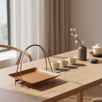 Bamboo Tray with Stand Traditional Woven Snack Platter Handmade for Tea Time, Tabletop
