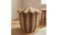 Scalloped Rim Paper Rope Basket Star Handle Lidded Basket Textured Household Storage Decorative