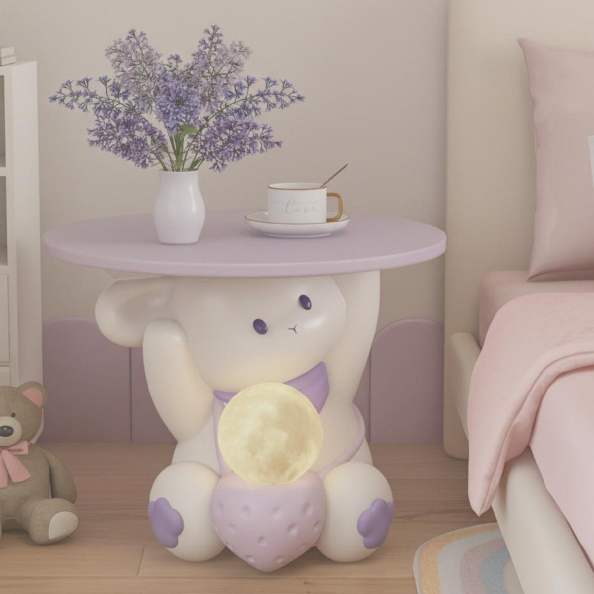Cute Cartoon Design Bunny Character Stand Multi-Functional Bunny-Shaped Lamp Stable Base Side Table Tap-Control for Young Adults, College Students, Wildlife Lovers, Living Room, Bedroom, Nursery