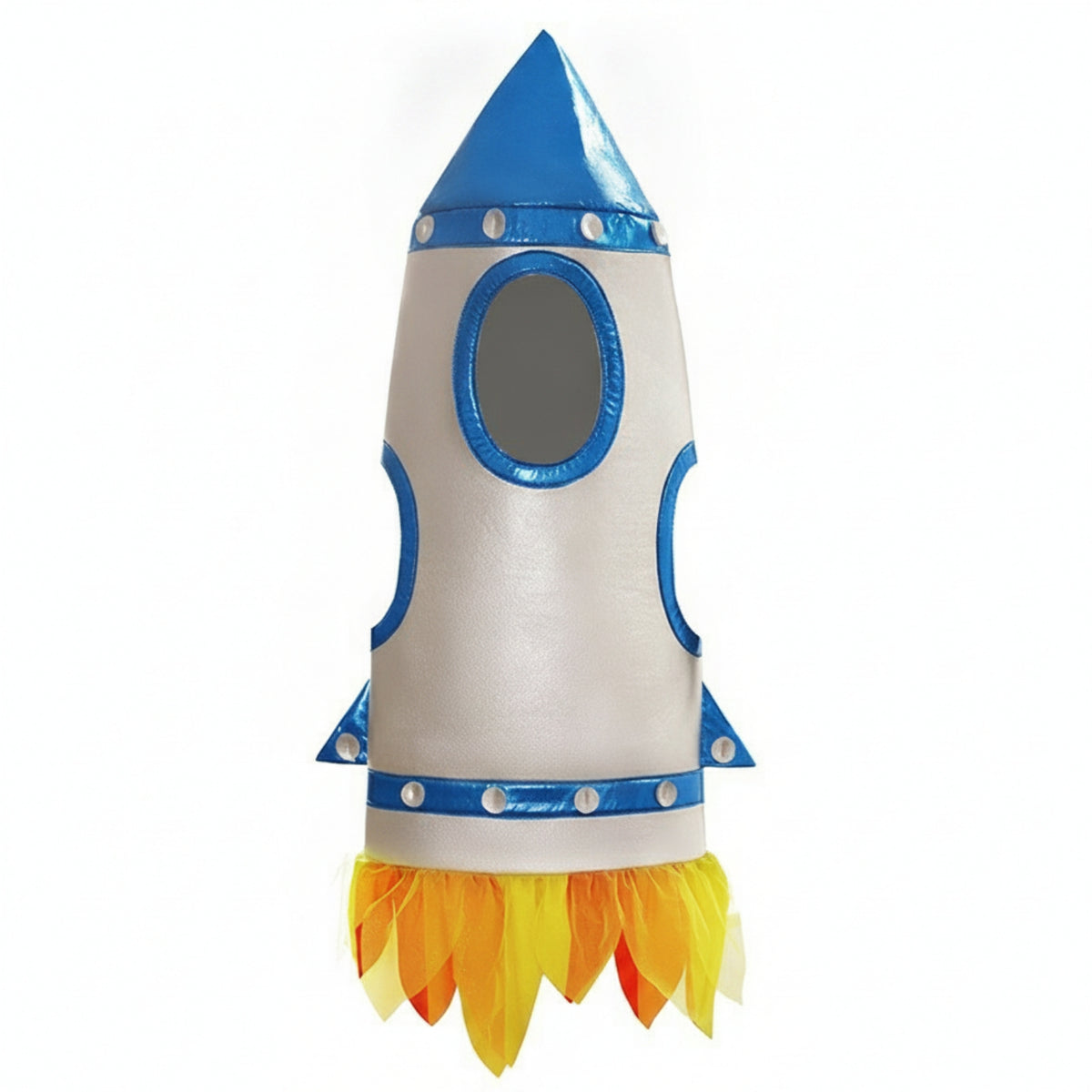 Silver-Toned Spacecraft Cosplay Costume Blue Trim Spacecraft Overcoat Oval Face Opening Pointed Top for Children, Kids, Events, Stage Performance