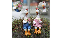 Farmhouse Chicken Couple Statues Seated Chicken Figurines with Overalls Cute Lawn Ornament Weather-Resistant for Gardeners, Balcony, Planter