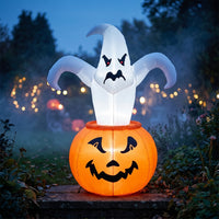 Freestanding Inflatable Ghost with Jack-O'-Lantern Lighted Inflatable Pumpkin with Ghosts Glowing Outdoor for Garden, Porch