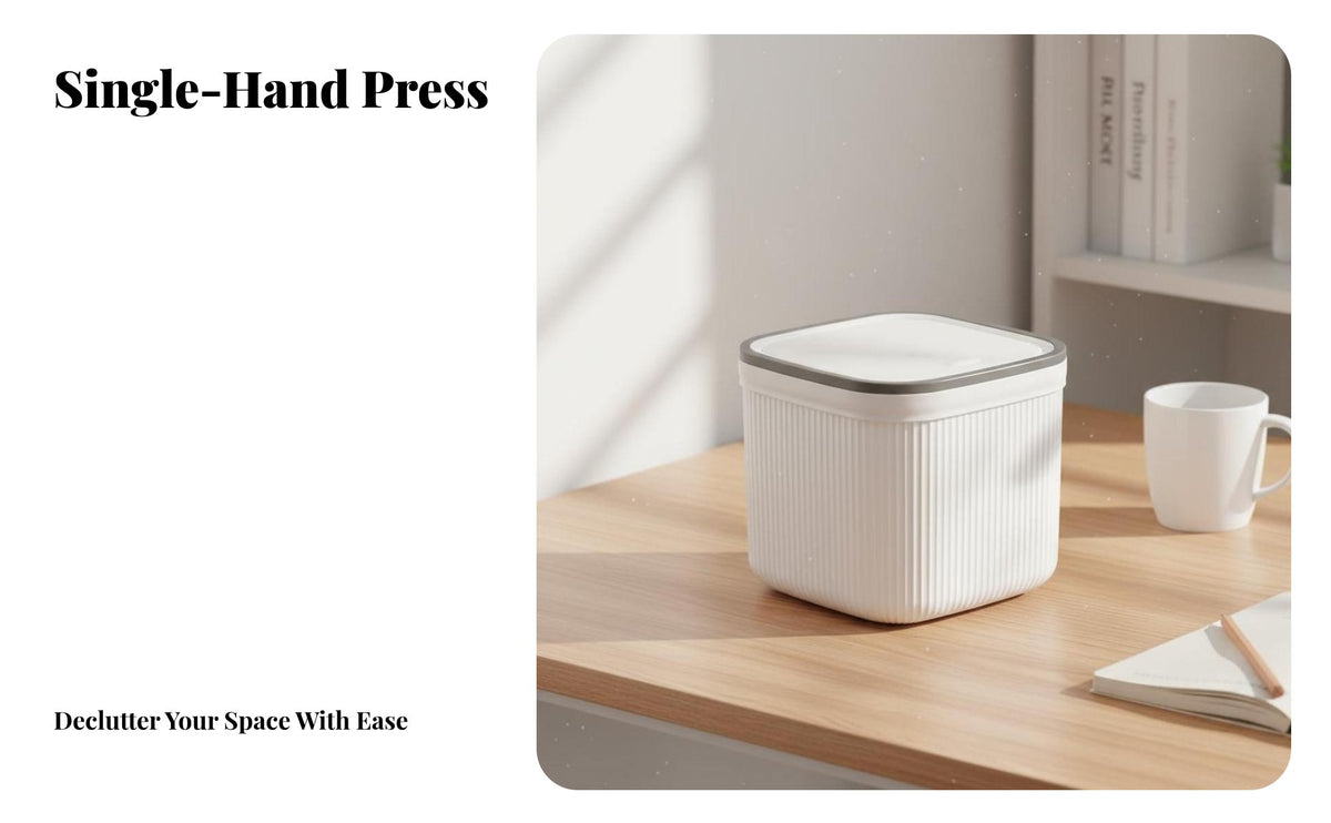 Desktop Trash Can Compact Design Mini Waste Basket Light Luxury Design Press-Top Trash Can for Office Workers, Students, Tabletop, Living Room