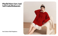 3 Pieces Holiday Themed Fuzzy Knit Crop Top Skirt Set Design Red Bunny Girl Outfit Ideal Gift Hooded Bunny Ear Costume for Young Adults, Party Goers, Cosplayers, Christmas Parties, Photo Shoots, Stage Performance, Cosplay Events