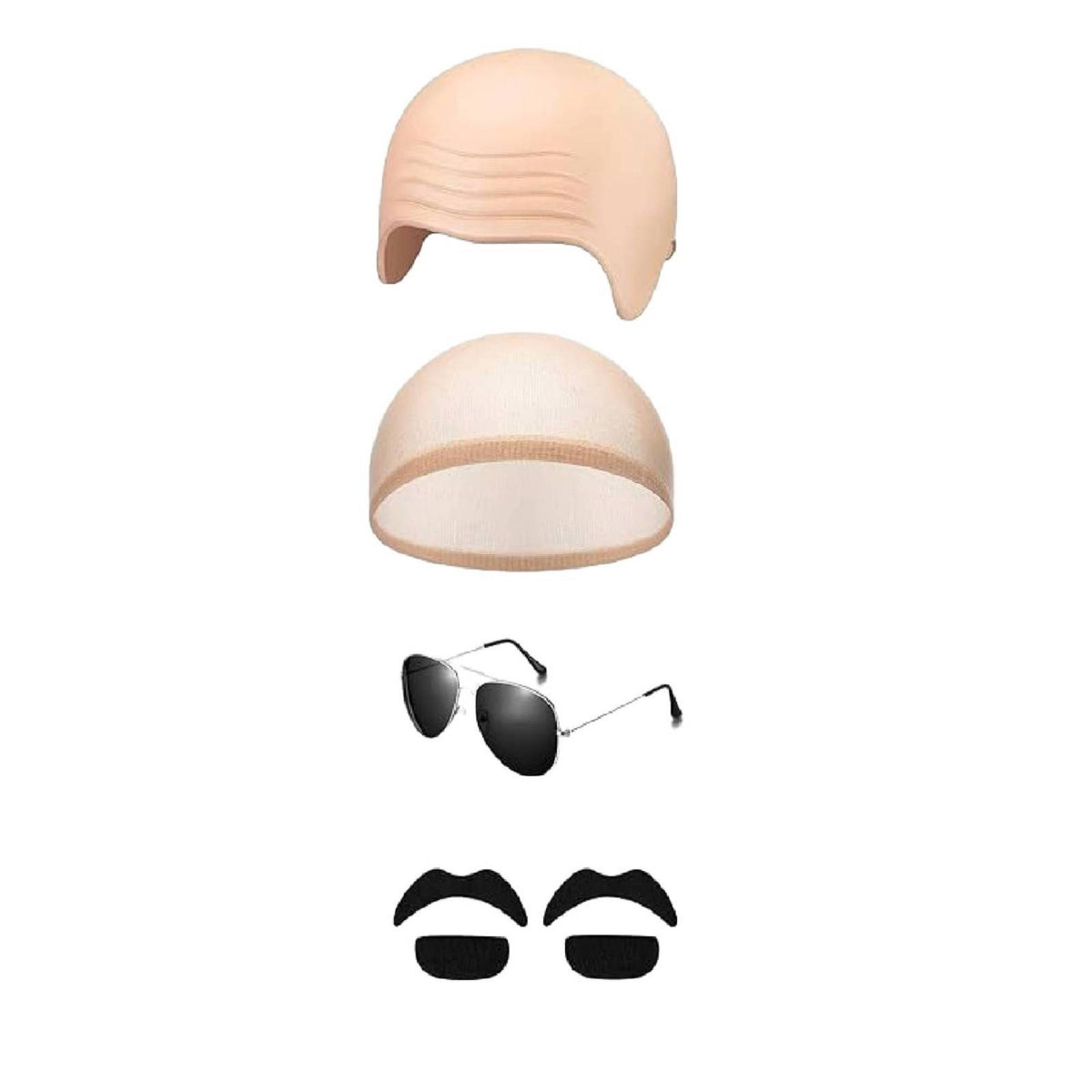 Natural-Looking Bald Cap with Glasses and Mustache Skin-Tone Bald Scalp Cap Kit Wrinkled Cosplay Set Aviator-Style for Cosplayers, Adults, Actors, Halloween, Theatre