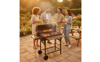 Briquette Grill with Lid Outdoor Briquette Grill with Side Shelf Adjustable Barbecue with Wheels for Families, Backyard, Patio, Camping