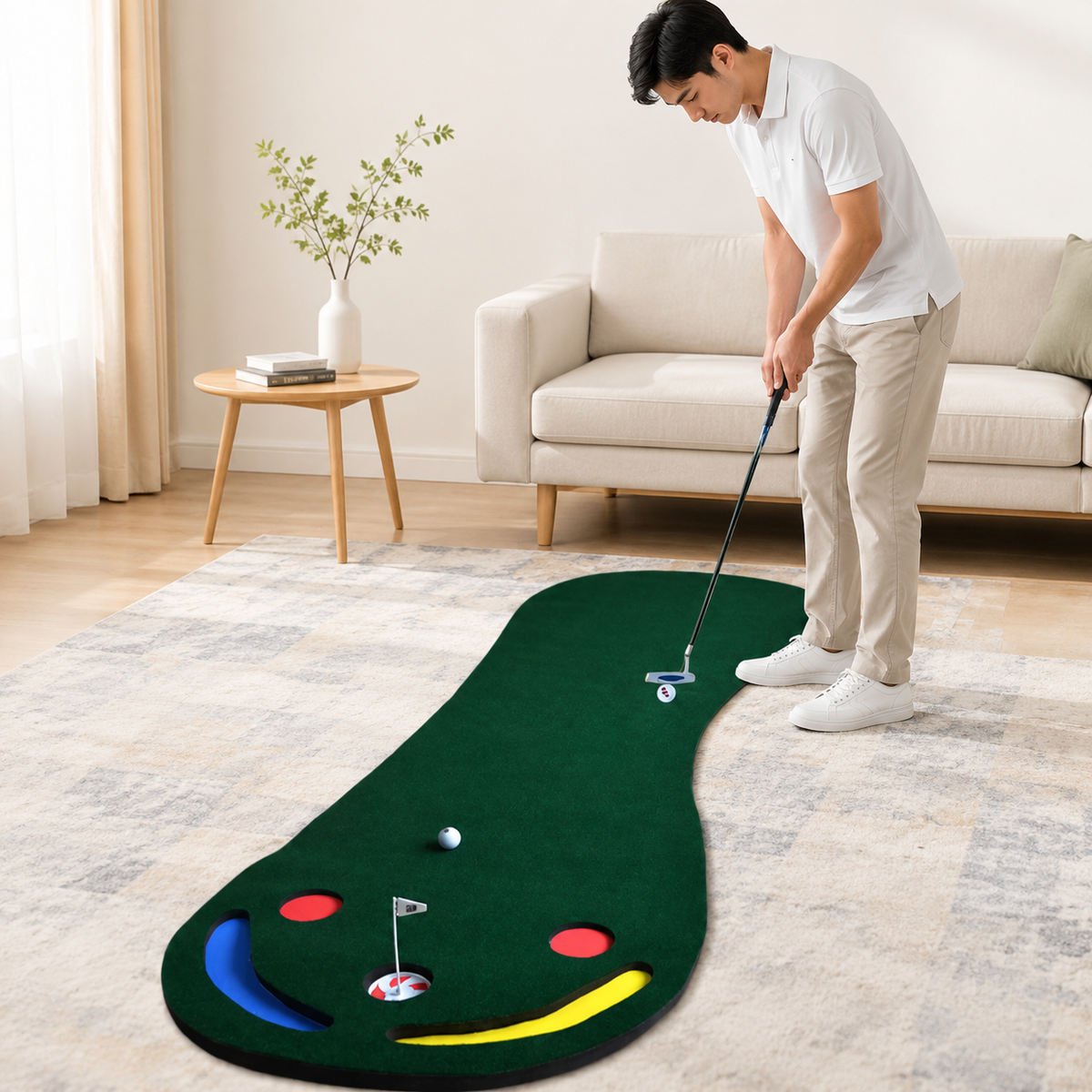 Expert Putting Green Mat, Indoor Outdoor Practice Mat for Home Garden, Flocked Fabric with Cup & Slope Feature
