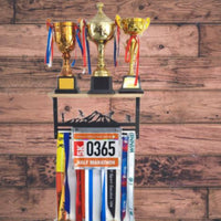 Sturdy Metal Construction Race Bib and Medal Display Hanger Multi-Functional Race Bib Medal Holder Motivational Design Wall Mounted Awards Rack Easy Installation for Runners
