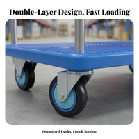 Double Deck Push Cart High Load Capacity Base Trolley with Guardrails Heavy Duty Warehouse Transport Trolley for Factory Workers, Workshop, Garage