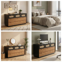 Dresser with Cane Drawers Retro Chest of Drawers with Cane Details Sturdy Wood Dresser with Knobs for Bedroom, Living Room, Hallway