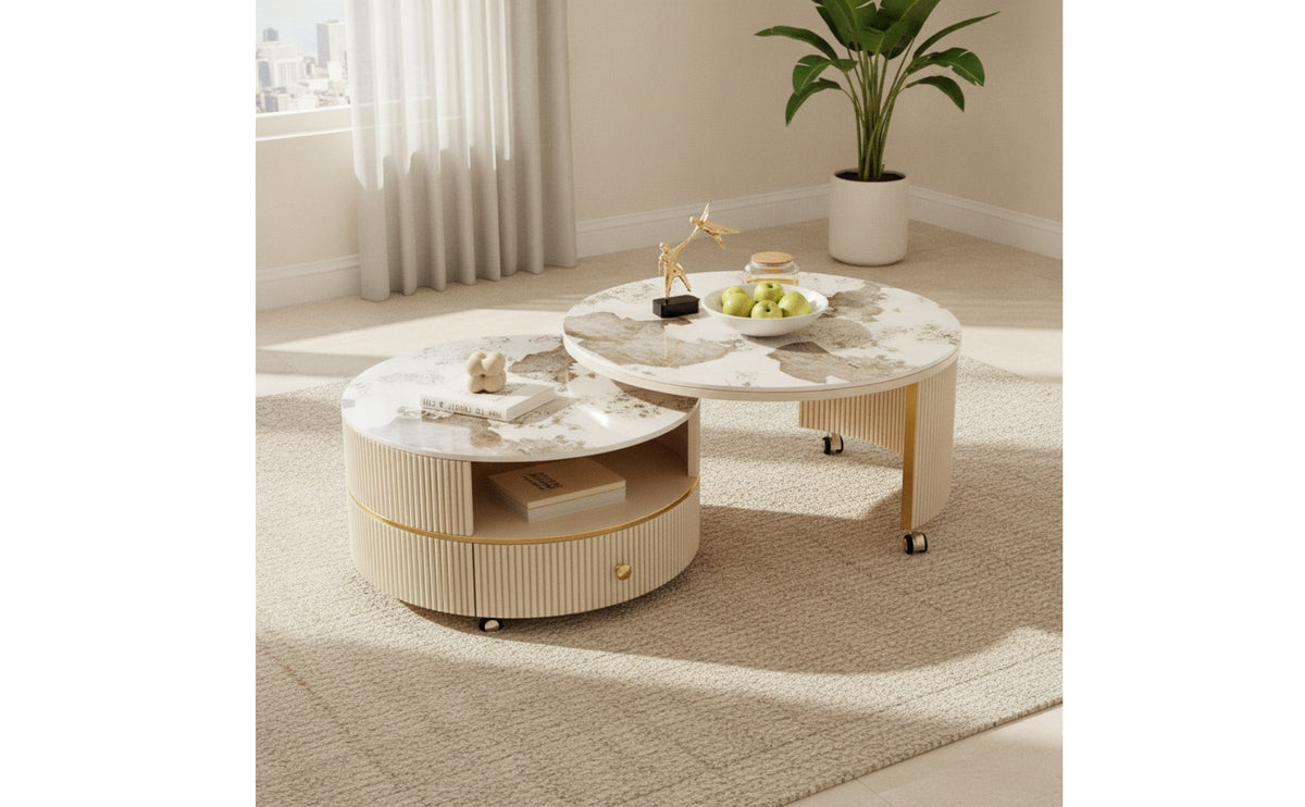 Nesting Coffee Table with Drawers Fully Assembled Round Nesting Coffee Table No Installation Needed for Apartment
