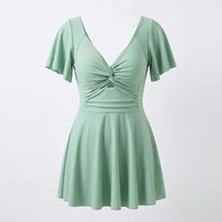 One-Piece Swimsuit for Women with Short Sleeve Design for Water Sports, Modest with Integrated Skirt for Coverage
