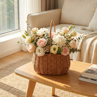 Handled Woven Flower Basket Easy-Carry Handle Imitation Rattan Gift Basket Waterproof Liner Decorative Container for Florists, Kids, Parties, Weddings