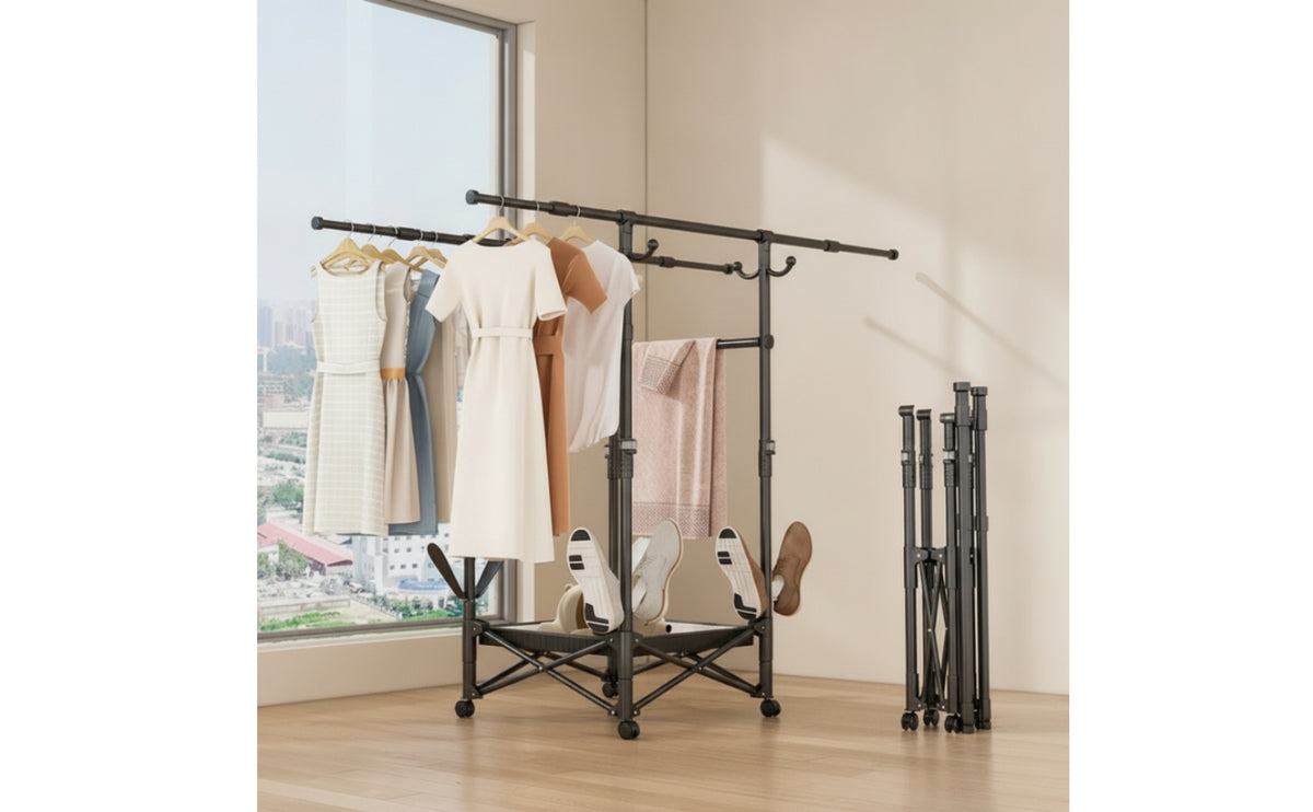 Foldable Double Rod Clothes Rack Space-Saving Double Rod Drying Rack Adjustable Telescopic for Students