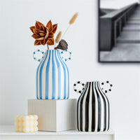 Hand-Painted Handled Ceramic Vase Glazed Striped Ceramic Vase Glossy Flower Holder Narrow-Neck