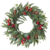 Christmas Wreath with Red Berries, Pine Cones, and Pine Needles