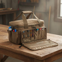 Water-Resistant Material Heavy Duty Tool Bag Waterproof Bottom Multi-Pocket Tool Tote Large Opening Padded Handle for Electricians, Carpenters, Mechanics, Home Improvement, Jobsite, Outdoor Maintenance