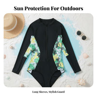 Long Sleeve Floral Swimsuit Padded Floral Print Wave Ing Suit Single Piece Sun Protection Swim Attire Quick-Dry Textile