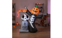 2 Pieces Freestanding Inflatable Skeleton with Pumpkin Head Spooky Inflatable Tombstone with Ghost Outdoor Halloween Inflate Decoration Scary for Lawn