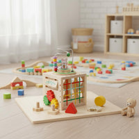Activity Cube with Bead Maze Compact Wooden Activity Cube Fine Motor Play Center for Young Children, Babies, Playroom, Nursery, Preschool