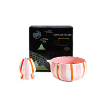 Hand-Painted Striped Ceramic Matcha Tea Set with Whisk Accessory