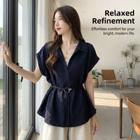Ladies Tops Womens Blouses with Faux Layered Design and Tie Waist Belt, Loose Fit Pullover Shirt for Office Wear, Business Casual for