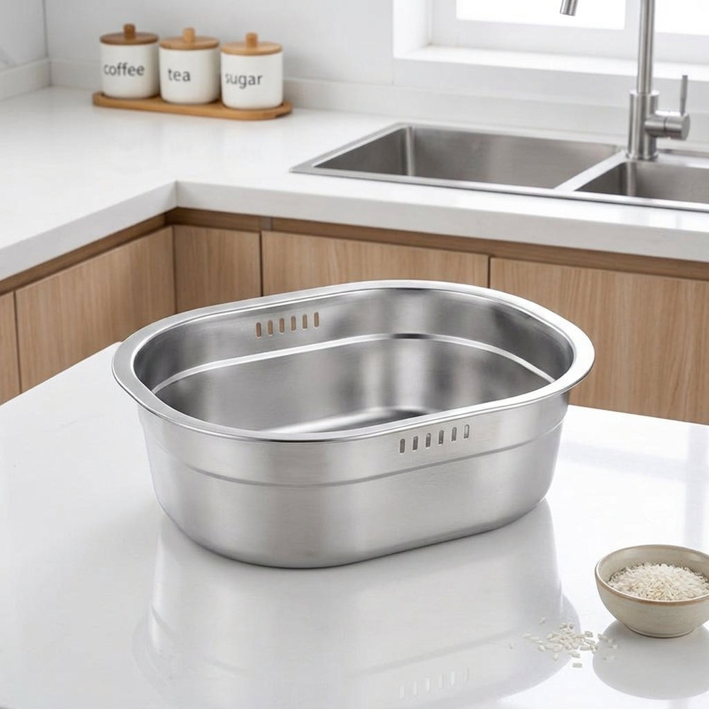 Rice Washer and Strainer Bowl Set, Stainless Steel Oval Washing Basin and Deepened Flat Bottom Rice Strainer for Pasta Spaghetti, 2 Piece Kit