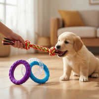 Interlocking Ring Toy with Rope Rubber Ring and Rope Tug Toy Interactive for Dogs, Young Dogs, Chewing, Indoor Play, Training