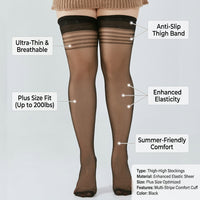 Thigh High Stockings with Sun Protection and Anti-Slip Band for Plus Size Women, Hold Up Nylon for Office Wear, Transparent and Lightweight