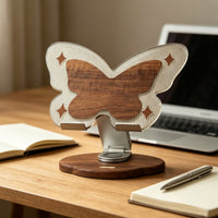 Decorative Computer Riser Heat Dissipation Butterfly Laptop Stand 360° Rotating Hardwood Base and Acrylic Tablet Stand for Home Office
