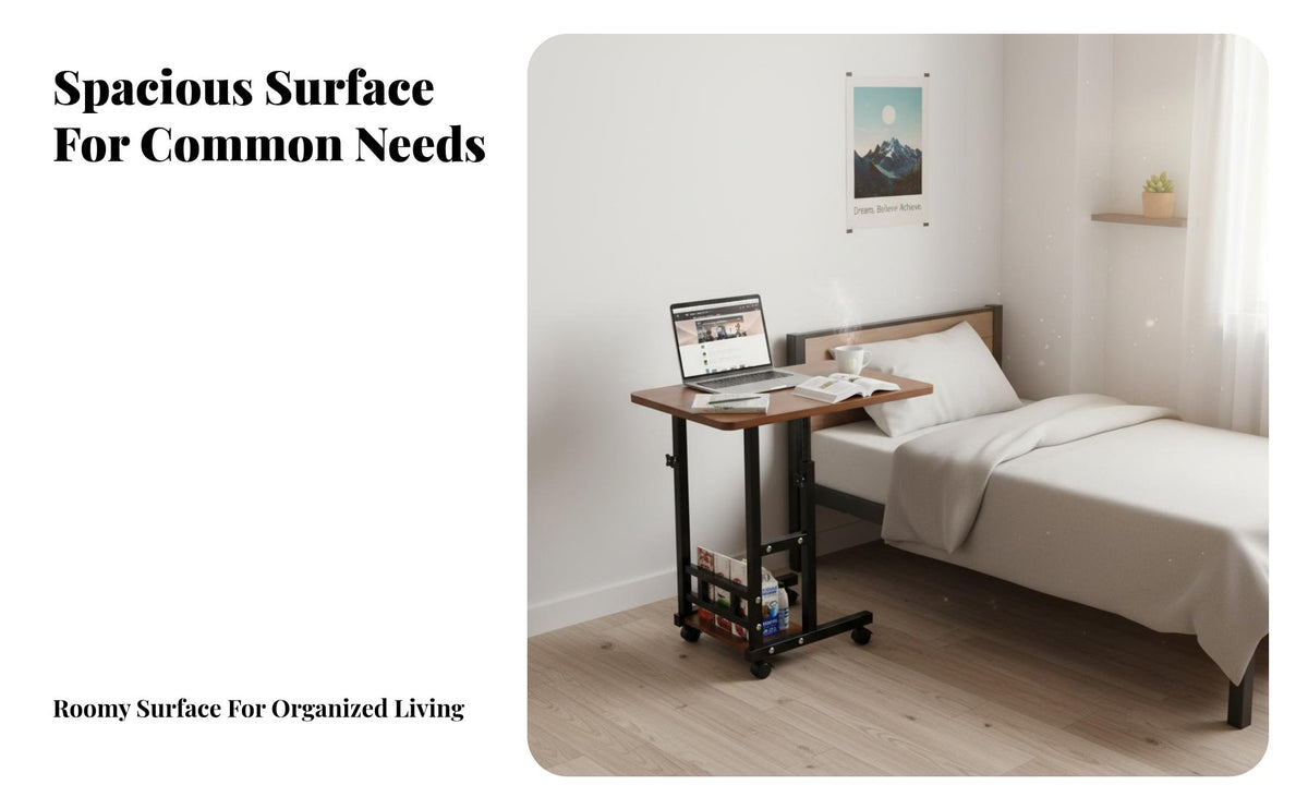 Portable with Wheels Adjustable Overbed Desk Minimalist Design Home Furniture Space-Saving Mobile Workstation Multi-Functional for Students, Telecommuting Workers, Seniors, Bedroom, Dorm Room, Small Areas