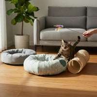 Built-in Toy Feline Tunnel Bed Soft Textile Collapsible Feline Play Tunnel Removable Cushion Pet Supplies for Cats, Kittens, Indoor