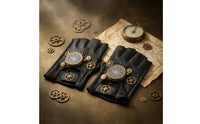 Gold-Tone Gear Details Steampunk Fingerless Gloves Compass Dial Black Leather Fingerless Gloves Textured Finish
