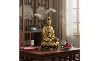 Peace Blessing Guanyin Statue Gold Finish Golden Guanyin Figurine Ornate Details Lotus Base Buddha Statue Traditional Chinese Design for Buddhist Believers, Office Desk