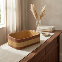 Woven Storage basket Holder Handwoven Fiber Storage basket Leather-Like Trim Woven box