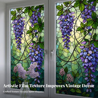 Decorative Glass Sticker No-Glue Stained Glass Window Film Removable & Reusable Blossom Floral Window Cling for Renters, Bedroom, Washroom