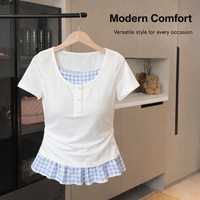 T Shirts for Women UK with Plaid Panel Patchwork Design, Oversized Loose Fit Round Neck Ladies for Work and Office Wear, Short Sleeve Tops