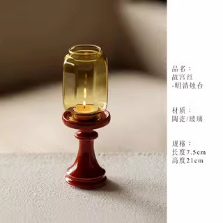 束刻中式故宫红玻璃烛台灯禅意茶室氛围灯家用落地蜡烛灯装饰摆件