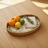 Handwoven Rattan and Mother-of-Pearl Decorative Tray for Storage and Serving