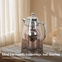 Metal Liner Insulated Glass Kettle Domed Lid Glass Serving Kettle Embossed Band Drinkware Curved Handle