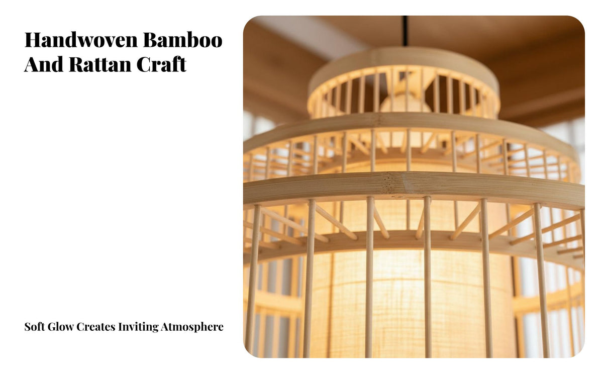Natural Material Chinese Design Chandelier Handwoven Woven Bamboo Suspended Light Vintage Inspired Bamboo Suspended Light Easy Installation for Restaurant Owners, Interior Designers, DIY Enthusiasts, Teahouse, Hotel, Dining Room, Bedroom