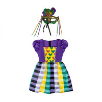 Multicolor Heart Print Carnival Costume Dress Puff Sleeves Plaid Costume Dress Square Neckline Eye Mask Set Glittery