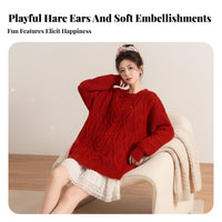 3 Pieces Holiday Themed Fuzzy Knit Crop Top Skirt Set Design Red Bunny Girl Outfit Ideal Gift Hooded Bunny Ear Costume for Young Adults, Party Goers, Cosplayers, Christmas Parties, Photo Shoots, Stage Performance, Cosplay Events