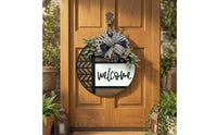 Layered Bow Round Wooden Welcome Sign Raised Script Round Welcome Sign Black and White Holiday Door Decor Farmhouse Style
