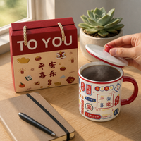 Chinese Style Ceramic Mug with Lid, Large Capacity Enamel-Look Coffee Cup for Office and Home