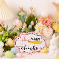 Easter Decorations, Happy Easter Hanging Sign, Beaded Easter Door Hanger Farmhouse Aesthetic Wooden Easter Decoration Handcrafted Plaid Border Hanging Sign for Families, Porch, Mantelpiece