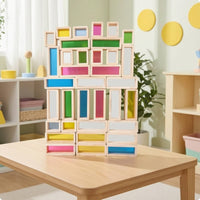 36 Pieces Wooden Blocks with Acrylic Transparent Rainbow Block Stackable Wooden Building Piece Set for Toddlers, Kids, Playroom