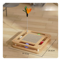 Cat Scratcher with Teaser Wand Interactive Wooden Cat Play Platform Scratching Board Natural Wood Multi-Layer for Indoor Cats